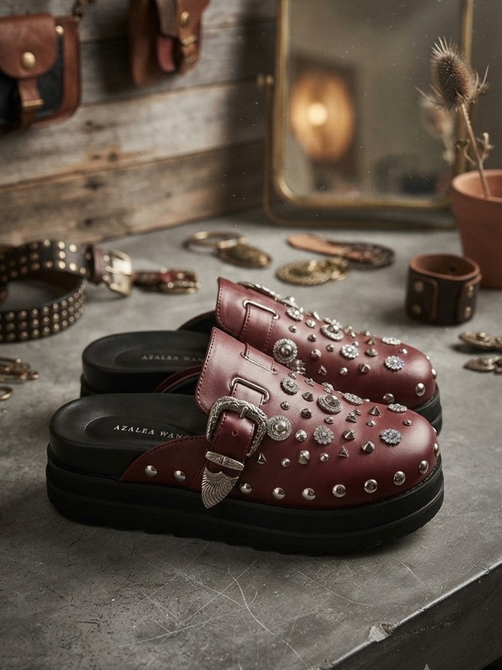 Azalea Wang Swiftly Burgundy Studded Platform Mules Clogs Size 7.5